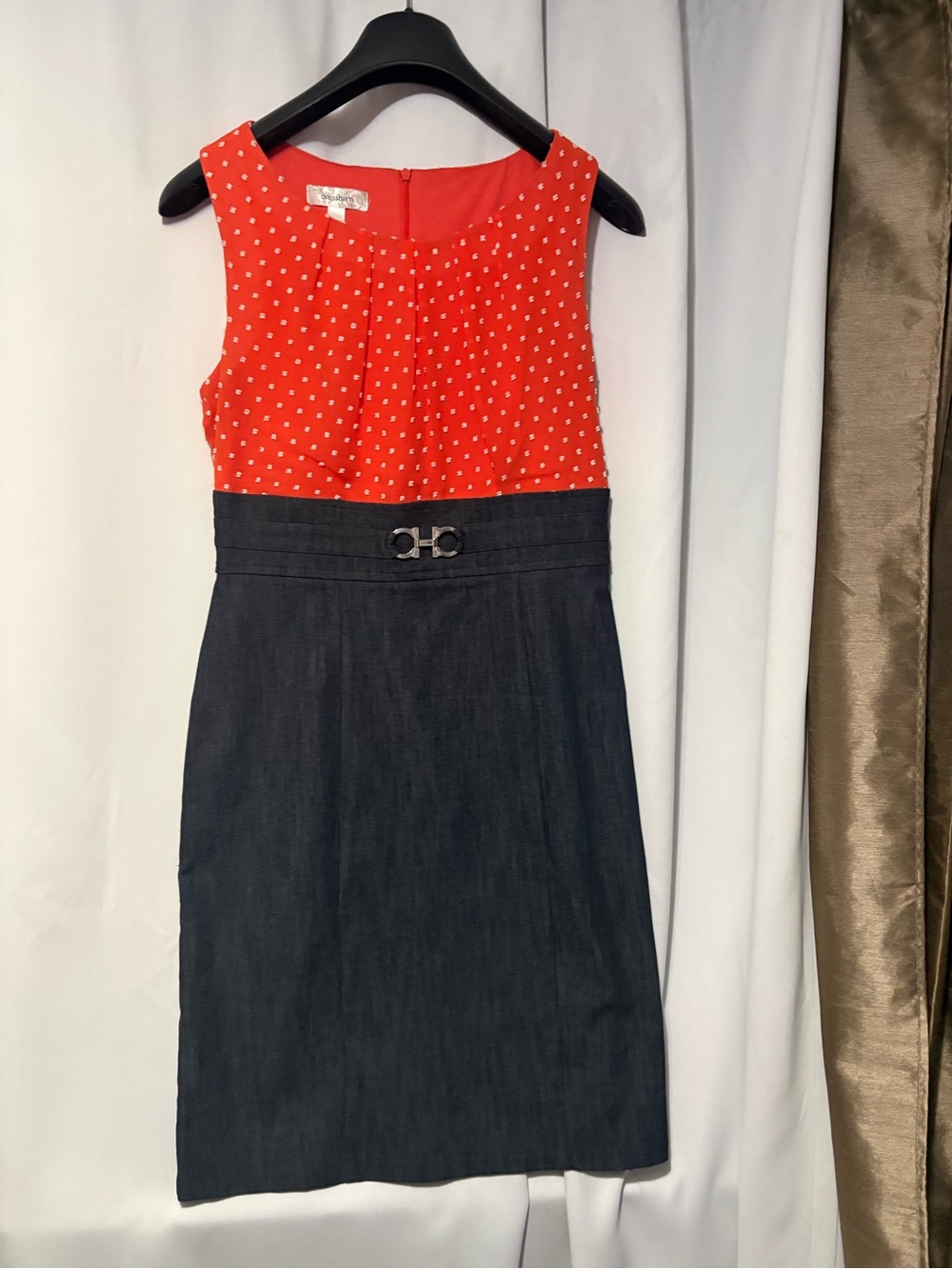 Coral Polka Dot & Blue Jean Sheath Dress with Buckle Waist #2374
